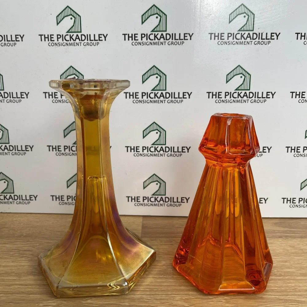 Vintage Marigold Carnival Glass & Amber Hexagonal Candlestick Holders Set of 2